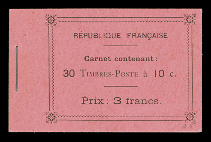 Yvert 138-C 7, 1907 10c Red, Ty. II, booklet pane of six, five panes in a complete booklet, mostly good perfs. except the last pane clipped at top, fresh and clean, o.g.,
n.h., very fine and scarce (Scott 162f $1,200.00 as hinged panes).