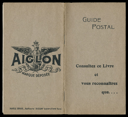 Yvert 138-CP1, 1906 10c Red, Ty. 1A, Aiglon advertising booklet of eight stamps affixed to larger stamps surrounded by advertisement in a pane of eight contained in a sixteen
page booklet, wonderfully fresh and clean, o.g., n.h., very fine se