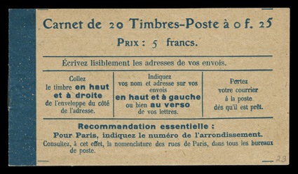 Yvert 140-C 1, 1906 25c Blue, Ty. IV, booklet pane of ten, complete booklet of two panes, o.g., n.h., one stamp with a natural inclusion, fresh and very fine.