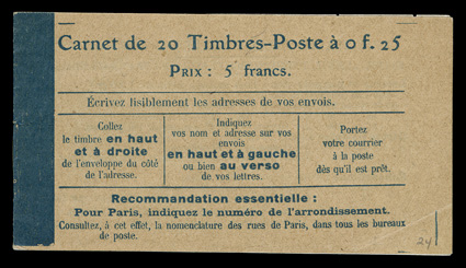 Yvert 140-C 3, 1906 25c Blue, Ty. 1B, booklet pane of ten, complete booklet of two panes, fresh and well centered, strong and intact, o.g., n.h., very fine and
scarce.