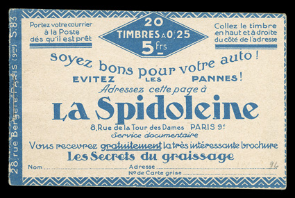 Yvert 140-C 12, 1906 25c Blue, booklet pane of ten, complete booklet of two panes, with Evian advertisements in the margins, series 83, fresh and intact, o.g., n.h., very
fine.