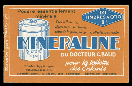 Yvert 188-C1, 1926 10c Green, booklet pane of ten, complete booklet with Mineraline advertisements in selvage and on cover, o.g., n.h., a fresh and very fine example of this
seldom offered and rare booklet.