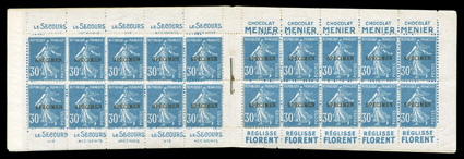 Yvert 192-C 5s, 1925 30c Light blue, overprinted Specimen, booklet pane of ten, two complete booklets of two panes each, with Secours - Menier - Secours - Florent
advertisements in the margins, series 98, o.g., one booklet with slight gum dist