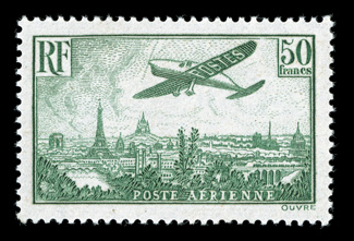 C14, 1936 50Fr Emerald Plane over Paris, gem mint single, beautifully centered and exceptionally fresh, o.g., never hinged, extremely fine (Yvert A15 Ç2,000).