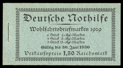 Michel MH 28c, 1929 1.50M Nothilfe complete booklet with black on blue cover, the very scarce variety with the cover printed with the correct 30. Juni 1930 date, contains a
pane of six of the 5pf+2pf and two slogan labels and a combination pan