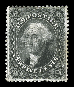 36B, 12c Black, plate III, uncommonly well centered and margined, especially deep color and an excellent impression, full o.g., lightly hinged, extremely fine 1993 and 2004 PF
certificates.