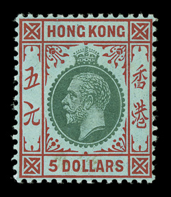 127, 1914 $5.00 Red and green, on green surface-colored paper, watermarked multiple Crown and CA, o.g., l.h., very fine (S.G. 115a £600).