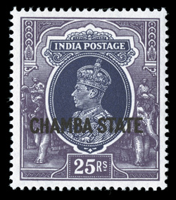 82-7, 1938 1R-25R King George VI, with Chamba State overprint, the 15R is a corner margin single and never hinged, all are exceedingly fresh, o.g., lightly hinged, very fine
(S.G. 94-9 £748).