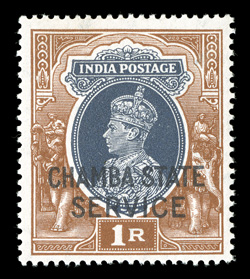 O51A-54, 1940-41 1R-10R King George VI, with Chamba State Service overprint cplt., well centered and fresh, o.g., lightly hinged (the key 1R has just the faintest possible
trace of hinging), very fine (S.G. O68-71 £387).