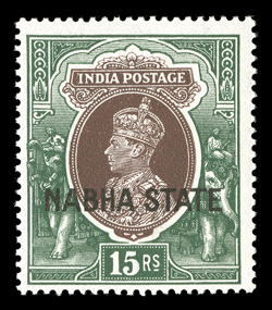 81-6, 1938-39 1R-25R King George VI, with Nabha State overprint, marvelously bright and fresh, o.g., three low values lightly hinged, but the top three values are never
hinged, very fine (S.G. 89-94 £492).