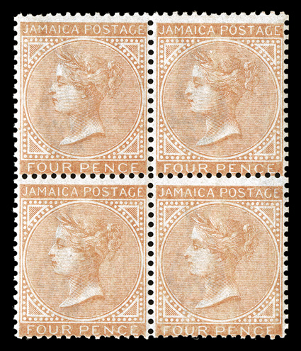 4, 1860 4d Brown orange, seldom seen mint block of four, wonderfully fresh, strong and intact, full clean o.g., very lightly hinged, fine (S.G. 4 £800 for
singles).