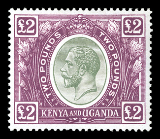 38, 1925 £2 Brown violet and green, a particularly choice mint example, possessing deep intense colors on crisp white paper, excellent centering, o.g., never hinged, very fine
(S.G. 96 for hinged £700).