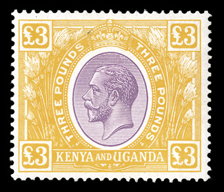 39, 1925 £3 Yellow and dull violet, bright intense colors, well centered, o.g., lightly hinged, very fine and handsome signed A. Brun (S.G. 97 £950).