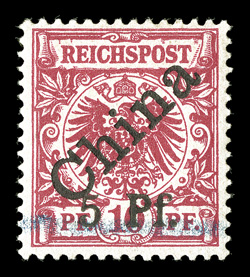 5, 1900 5 Pf. Surcharge on 10pf Carmine, type 2 surcharge, nicely centered, vibrant color, tiny h.r., a very fine example of this rare stamp signed Senf and accompanied by a
2007 Jaschke-Lantelme certificate (Michel 2 Ç3,000).