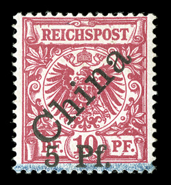 5, 1900 5 Pf. Surcharge on 10pf Carmine, type 2 surcharge, a third example of this elusive stamp, strong rich color, full o.g., faint small gum bend, overall very fine 1964
Pfenninger and 1981 Bothe certificates (Michel 2 Ç3,000).