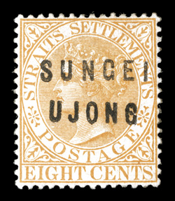 17, 1881 8c Orange, with SUNGEI UJONG ovpt., showing variety defective G, well centered, attractive color, BPA states regummed and a little soiled, very fine appearance a very
scarce stamp clear 1989 RPS certificate and a 2009 BPA certific