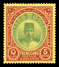 38, 1938 $5.00 Red and green on yellow, gorgeous deep colors, excellent centering, o.g., lightly hinged, extremely fine 2009 BPA certificate (S.G. 44 £500).