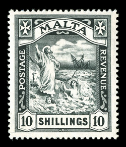 65, 1919 10- Black St. Paul, deep color and a highly detailed impression, o.g., trivial h.r., very fine a handsome and desirable example of this rare key stamp of Malta signed
A. Brun (S.G. 96 £3,000).
