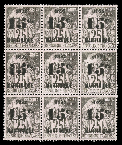 32a, 1892 15c on 25c, 1882 instead of 1892, the error being the center stamp in an unused block of nine, nicely centered, quite fresh, very fine (Yvert 30b
Ç930+)