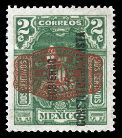 585, 1916 60c on 2c Green, Gobienro Constitutionalista red Barril overprint, well centered, strong color, o.g., lightly hinged, very fine a particularly elusive stamp signed
Shelton and accompanied by a 1978 Mepsi certificate.