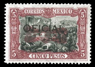 O112, 1916 5P Carmine and black official, rich bright colors, o.g., relatively lightly hinged, very fine an attractive example of one of the rarest of all the Mexican official
stamps 1952 PF and 1988 Mepsi certificates.