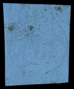 3, 1857 9p Blue embossed, full margins, crisp embossing, very fine appearance accompanied by two certificates, both of which agree the stamp is genuine, with the 2008 PF
certificate stating unused, o.g., previously hinged with small gum stains