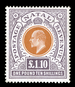 109, 1908 £1.10 Violet and orange brown, lovely bright colors on fresh white paper, nicely centered, o.g., lightly hinged, a very fine example of this scarce high value signed
A. Diena and accompanied by a 1984 Brandon certificate (S.G. 162 £