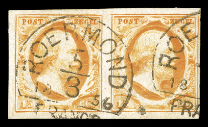 2, 3, 1852 10c Lake and 15c Orange yellow, horizontal pairs, each with ample to mostly large margins all around, vivid rich colors, former with boxed Franco cancel and latter
with 1856 Roermond datestamp, very fine duo.