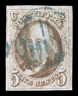 1, 5c Red brown, used, ample to huge margins all around, good color and impression on crisp clean paper, blue grid cancel, choice very fine.