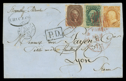 38, 30c Orange, tied together with 5c Brown (30A) and 10c Green (35) by red grid cancels with matching New York Paid 18Mar 9 c.d.s. on folded cover to Lyon, France, several
French transits, some light bleach spots around edges of 5c and