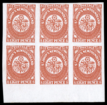 8, 1857 8p Scarlet vermilion, showpiece bottom sheet-margin block of six, other margins exceptionally large, incredibly bright and fresh, with radiant color and a sharp
detailed impression on bright white paper, full clean o.g., two stamps never