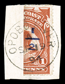 51, 1894 ½ Opobo blue provisional surcharge on half of 1p Vermilion, tied to piece by full and neat Opobo River c.d.s., deep color, very fine signed Holcombe and accompanied
by a 2009 BPA certificate (S.G. 64 £475).