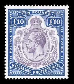 24, 1919 £10 Bright ultramarine and slate violet, a marvelously fresh and choice example of this very scarce stamp, possessing gorgeous colors that are incredibly deep and
radiant, sharp detailed impression on crisp white paper, well centered, o