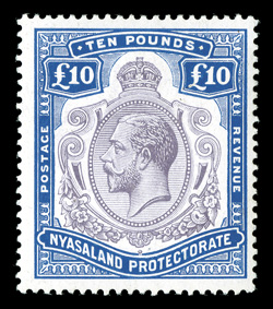 24, 1919 £10 Bright ultramarine and slate violet, deep vibrant colors on bright white paper, o.g., lightly hinged, fine overall a rather desirable example of this scarce high
value (S.G. 99e £3,500).
