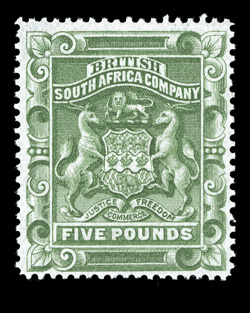 18, 1890 £5 Yellow green, fresh unused single, strong rich colors on crisp white paper, well centered, very fine signed Holcombe and accompanied by a 1997 Brandon certificate
(S.G. 12 £1,600)