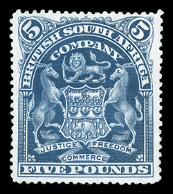 74, 1901 £5 Dark blue, scarce unused example, strong rich color on fresh white paper, BPA states treated to reduce tone spots, very fine appearance clear 2006 Sismondo
certificate and a 2009 BPA certificate (S.G. 92 £3,250).