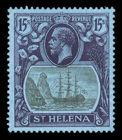 94, 1922 15- Violet and black on blue Badge of the Colony, excellent centering, strong bright colors, o.g., relatively lightly hinged, small natural inclusion, very fine (S.G.
113 £900).