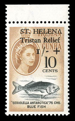B1-4, 1961 2½c + 3p to 10c + 1- Tristan Relief cplt., impressive well-matched set, each being a top sheet-margin single, well centered and exceedingly fresh, o.g., never
hinged (lowest value with a small bit of gum glaze), very fine one of t
