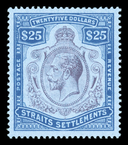 172, 1915 $25.00 Blue and violet on blue paper, exceptionally well centered, attractive colors, large part o.g., minute thin specks, very fine appearance 2009 BPA certificate
(S.G. 213 £1,700).