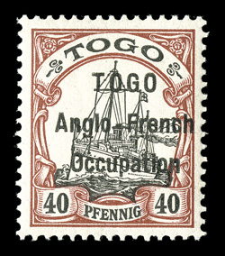 41, 1914 40pf Lake and black with TOGOAnglo-FrenchOccupation overprint, uncommonly well centered, o.g., barest trace of hinging, very fine 1969 BPA certificate (S.G. H7
£225).