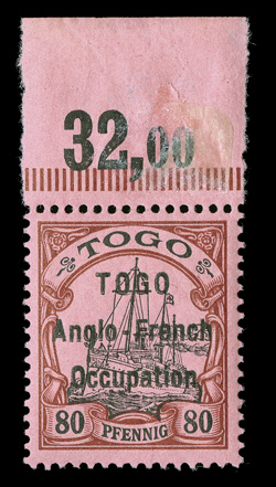 43, 1914 80pf Lake and black on rose with TOGOAnglo-FrenchOccupation overprint, top sheet-margin 32,oo single, well centered, fresh colors, o.g., stamp is never hinged, hinged
on the front of selvage only, very fine 1984 BPA certificate (S