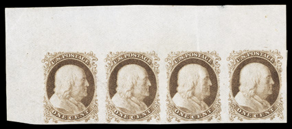 40TC5, 1c Dark brown, trial color plate proof on wove, top left corner margin horizontal strip of four, rich color, full o.g., light margin corner crease at top left and third
stamp with vertical crease, otherwise extremely fine and handsome 19