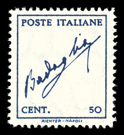 Sassone 515Ba, 1944 50c Blue, vertical watermark, without background, pristine mint single, o.g., n.h., light pencil note on gum, very fine.