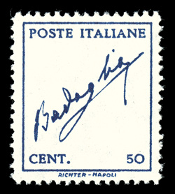 Sassone 515Ba, 1944 50c Blue, vertical watermark, without background, another fresh mint copy, well centered, o.g., n.h., very fine lightly signed in
pencil.