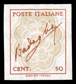 Sassone 515Db, 1944 50c Red and light brown, vertical watermark, imperforate, large even margins all around, o.g., n.h., very fine and rare signed A. Diena.