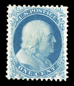 40, 1c Bright blue reprint, without gum as issued, especially well centered within large margins, brilliantly fresh, extremely fine and quite choice 1986 and 2005 PF
certificates.