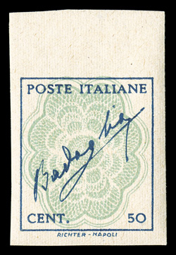 Sassone 515Fb, 1944 50c Blue and light blue, unwatermarked, imperforate, top sheet-margin single, other margins large and even, o.g., n.h., extremely fine a choice quality
example of this rarely seen essay.