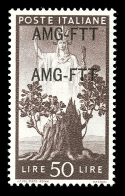 Sassone 66b, 1949 50l Dark violet brown, double overprint, with two clear distinct overprints, well centered and fresh, o.g., n.h., very fine only 100 printed signed Mondolfo
(Scott 68 var.).