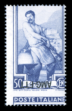 Sassone 89Ia, 1952 50c Blue violet, inverted overprint, with the basic stamp having the top label of the adjoining stamp in the in the bottom margin, which is the way all
known copies of this error come, o.g., n.h., fine a rare error, with onl