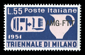 Sassone 125B, 1951 55l Milan Triennale Art Exhibition, overprint in black instead of red, bright colors, o.g., lightly hinged, a very fine example of this rare trial
overprint, with only one sheet printed.